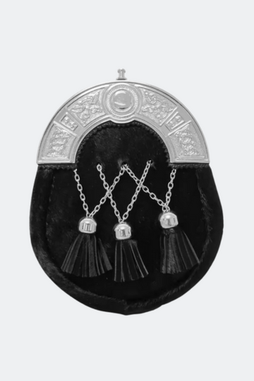 Traditional Black Fur Sporran with Chrome Cantle and Tassels – Scottish Kilt Accessory