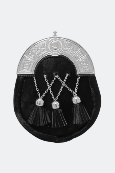 Traditional Black Fur Sporran with Chrome Cantle and Tassels – Scottish Kilt Accessory