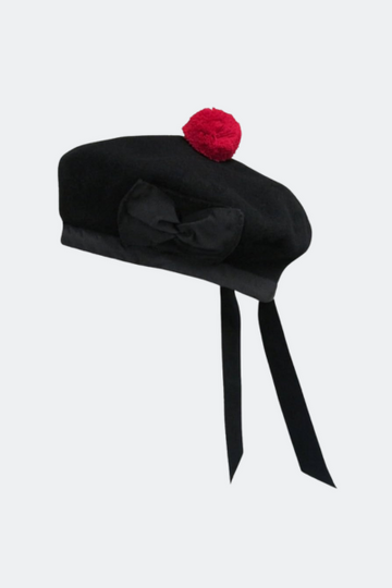 Plain Black Balmoral Hat with Red Pompom – Traditional Scottish Highland Bonnet