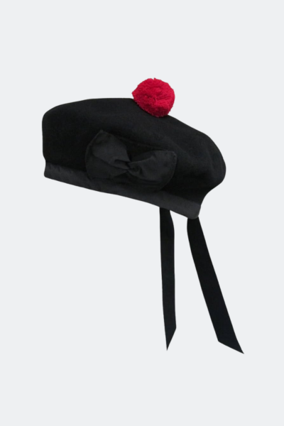 Plain Black Balmoral Hat with Red Pompom – Traditional Scottish Highland Bonnet